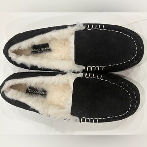 Koolaburra Black Suede Moccasin Slippers with Cream Shearling
